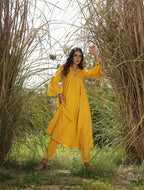 trueBrowns Mustard Cotton Embroidered Flared Kurta Set | Grocsy