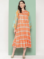 Ahalyaa Checked Tie-Up Neck Sequined Ethnic A-Line Midi Dress | Grocsy