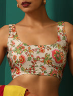 trueBrowns Off White Muslin Silk Floral Jaal Printed Scoop Neck Sleeveless Blouse | Grocsy