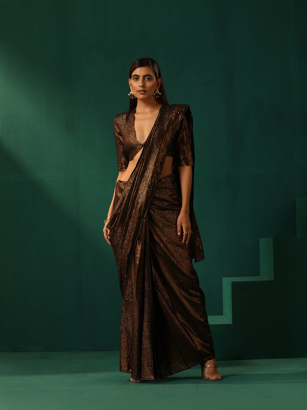 trueBrowns Black Cotton Gold Lurex Striped Ready to Wear Saree | Grocsy