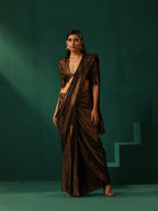 trueBrowns Black Cotton Gold Lurex Striped Ready to Wear Saree | Grocsy