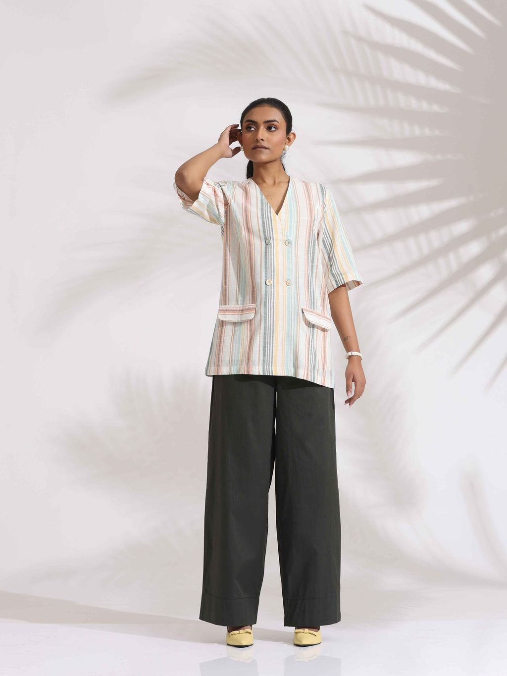 trueBrowns Off-White Cotton Stripe Jacket Top Co-ord Set | Grocsy