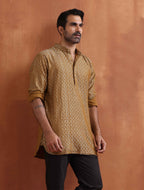 trueBrowns Men's Mustard Cotton Dobby Short Kurta | Grocsy