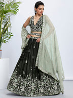 House of Panchhi Turquoise Blue Georgette Sequins And Thread Embroidery Lehenga Choli & Dupatta | Grocsy