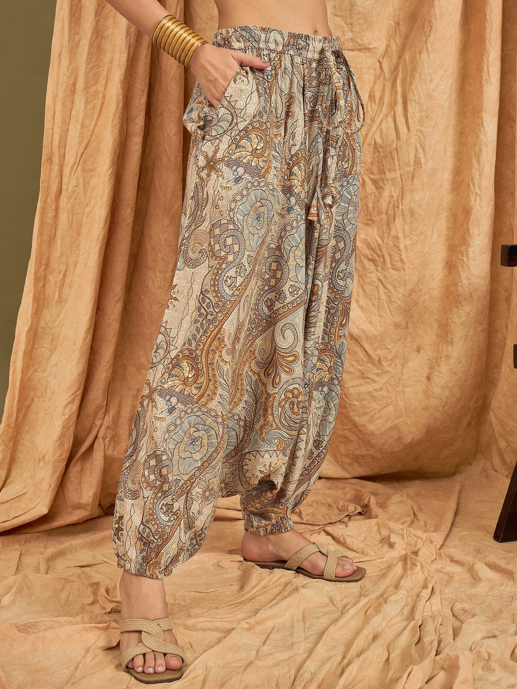 InWeave Beige Paisley Flower Harem Pant | Grocsy