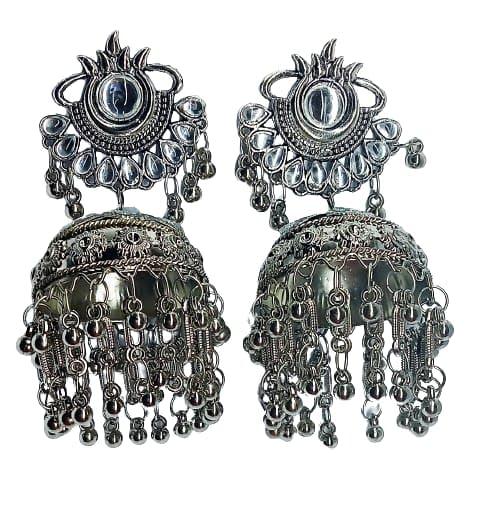 Tehzeeb Creations Women's Silver Colour Oxidised Earrings With Kundan And Mirror Work | Grocsy