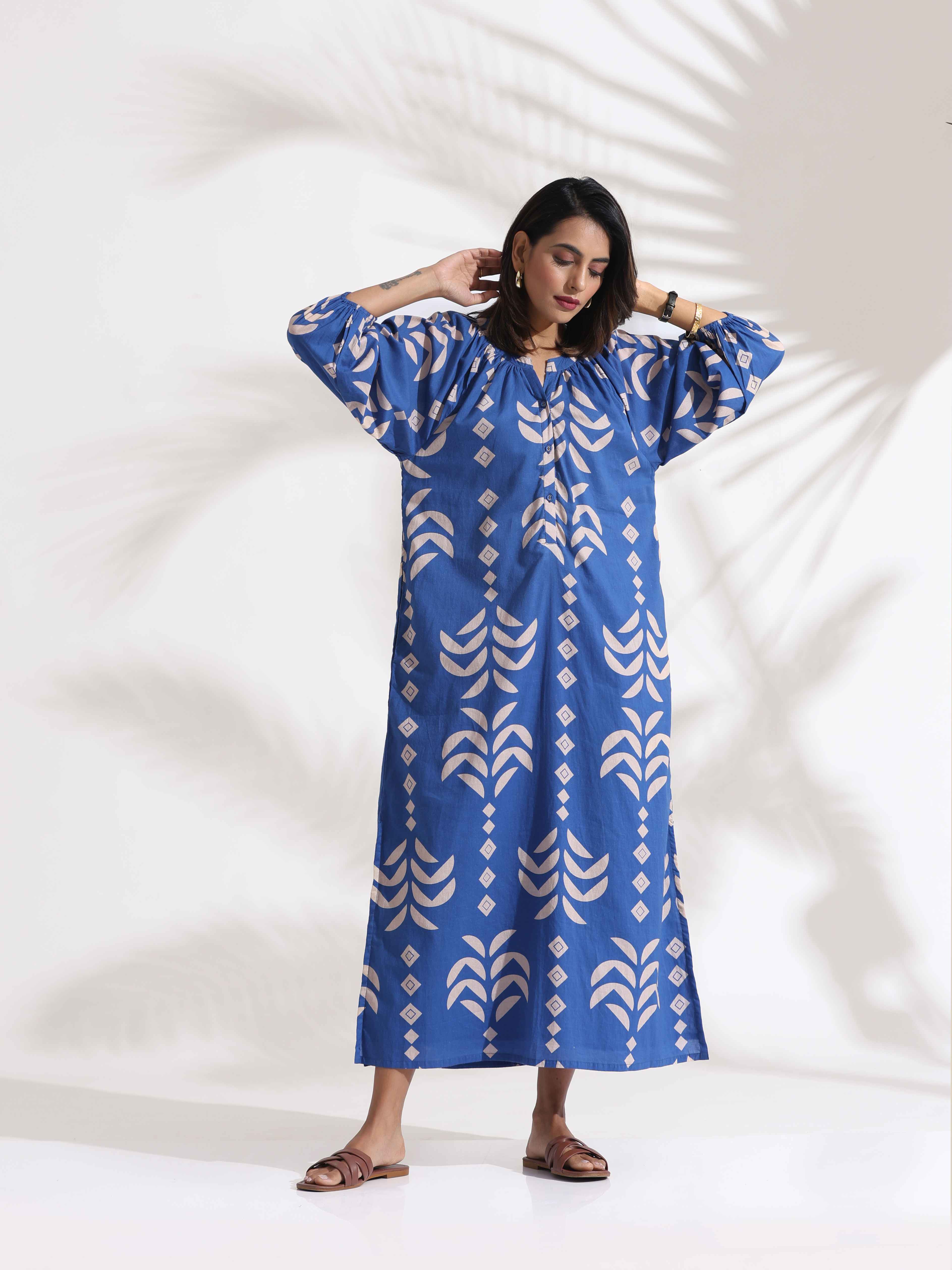 trueBrowns Blue Cotton Print Dress | Grocsy