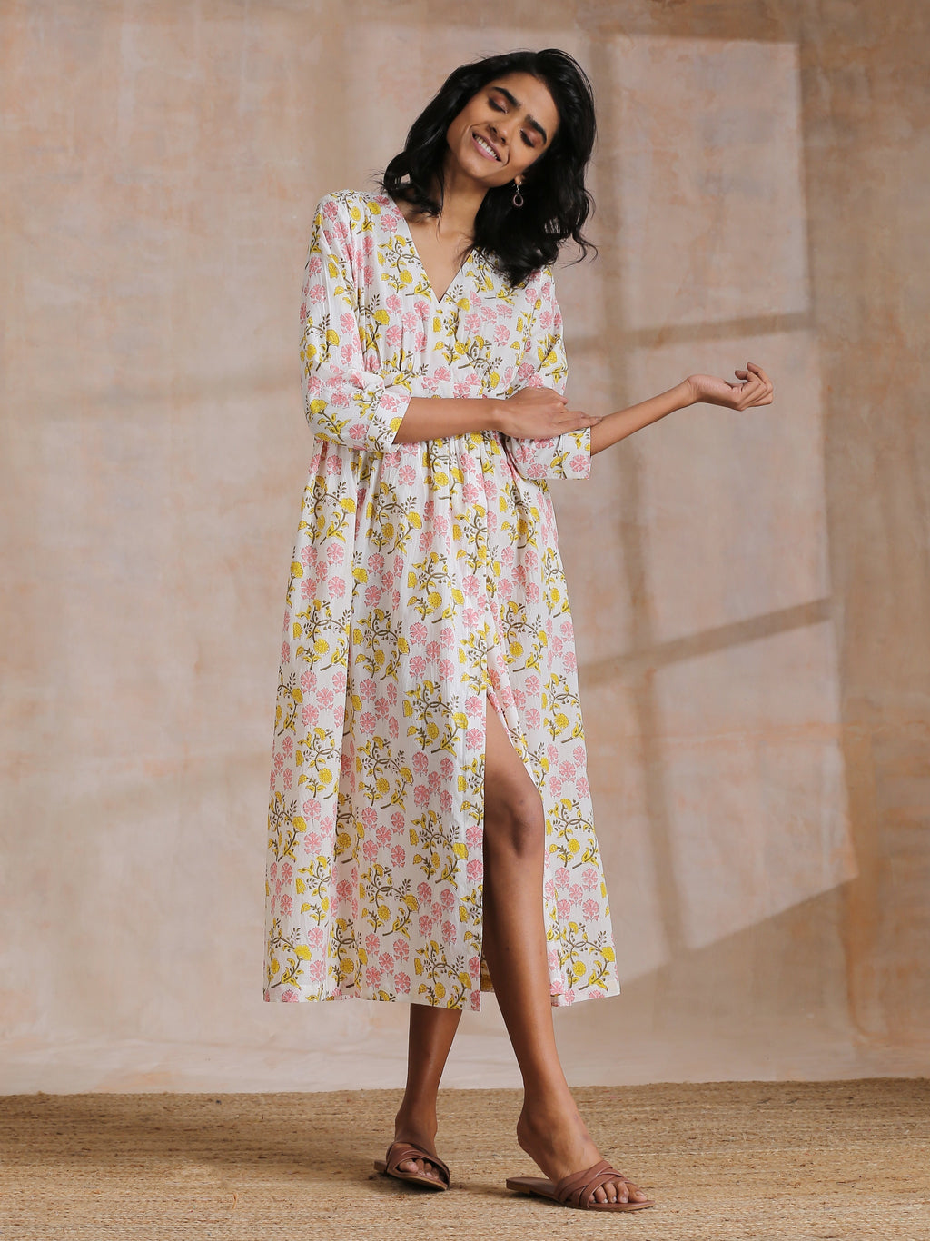 trueBrowns Pink Yellow Floral On White Block Print Cotton Wrap Dress | Relove | Grocsy