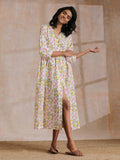 trueBrowns Pink Yellow Floral On White Block Print Cotton Wrap Dress | Relove | Grocsy