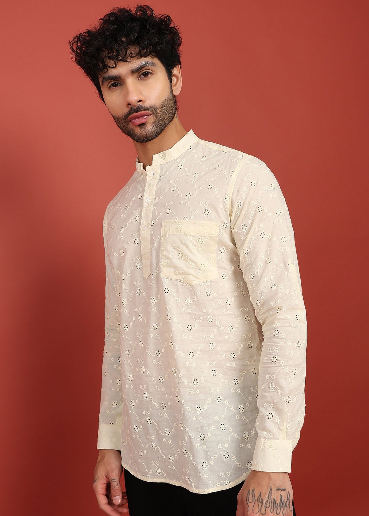 Fabmade Ivory Bloom Embroidered Short Kurta | Grocsy