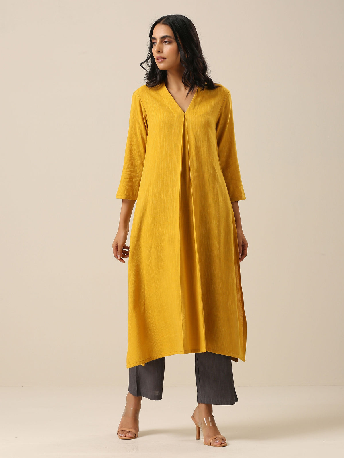 trueBrowns Mustard Yellow Slub Texture Neck Pleat Kurta Pant Set | Grocsy