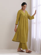 trueBrowns Avacado Green Dobby Flared Slit Kurta Pant Set | Grocsy