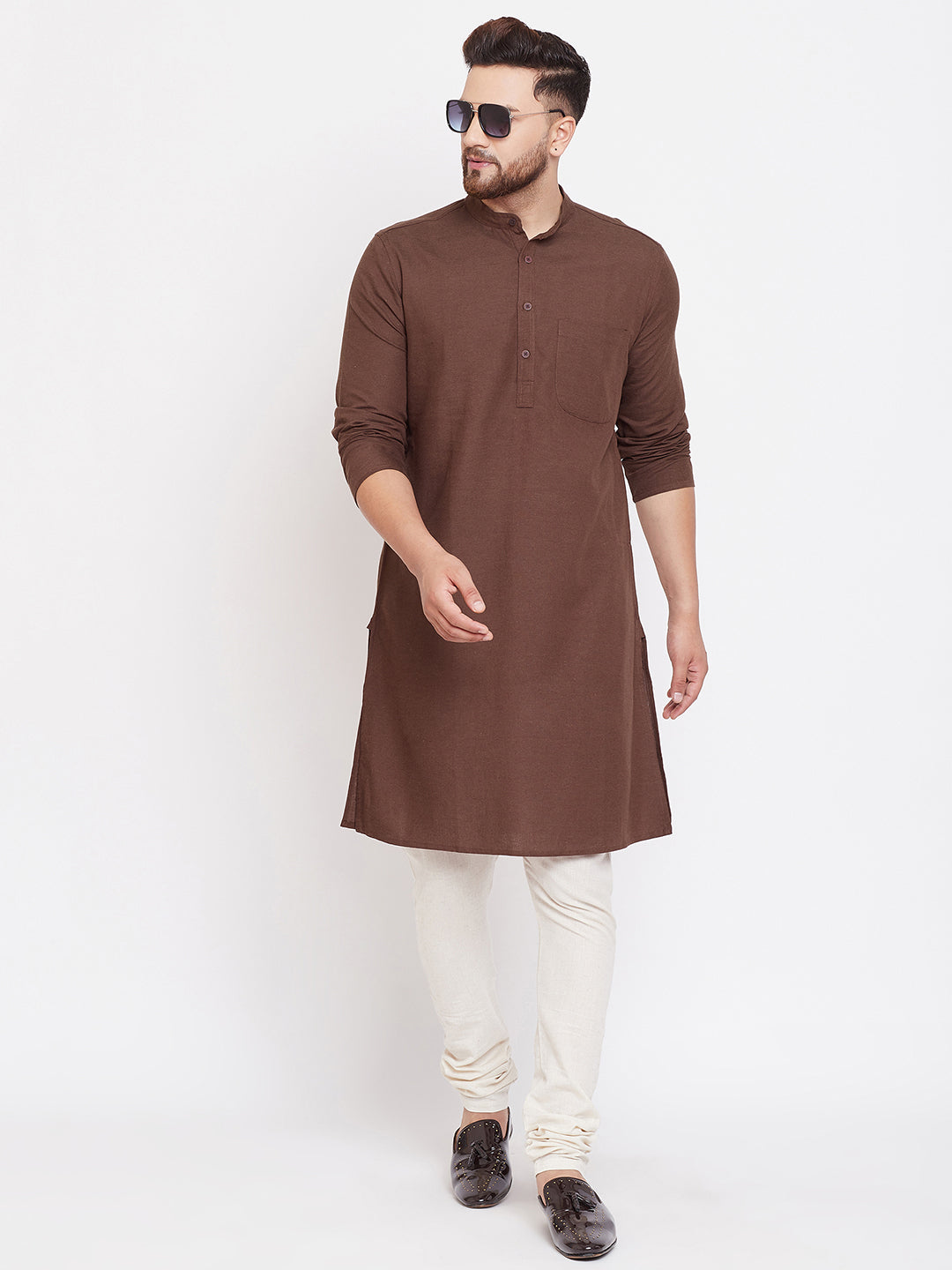 Even Apparels Brown Solid Kurta With Band Collar | Grocsy