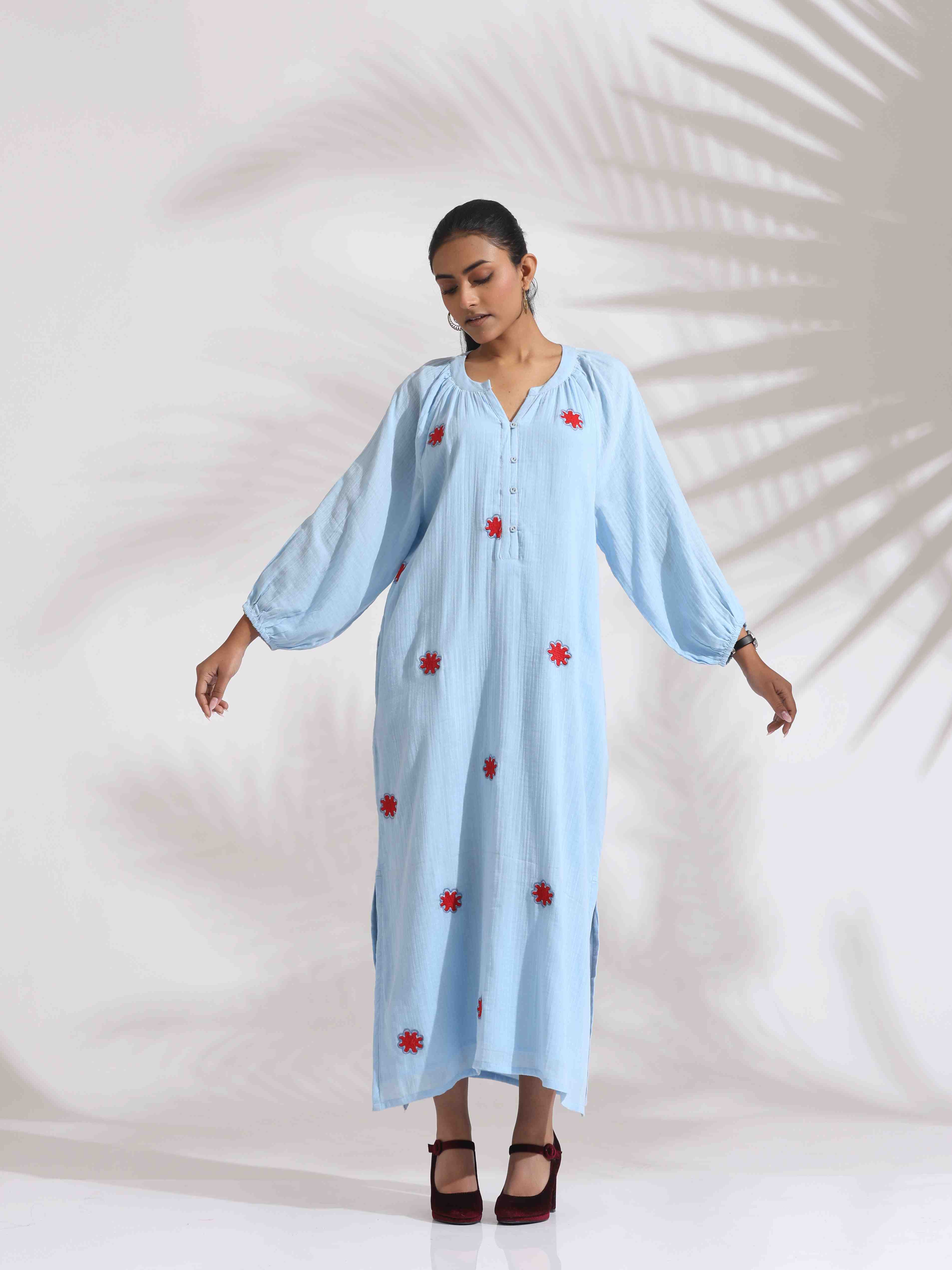 trueBrowns Blue Cotton Embroidered Dress | Grocsy