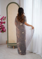 Evanik Grey Mos Silk With Handwork Butterfly Design Saree With Unstitched Blouse | Grocsy