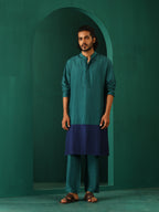 trueBrowns Men's Blue Color Block Silk Long Kurta | Grocsy