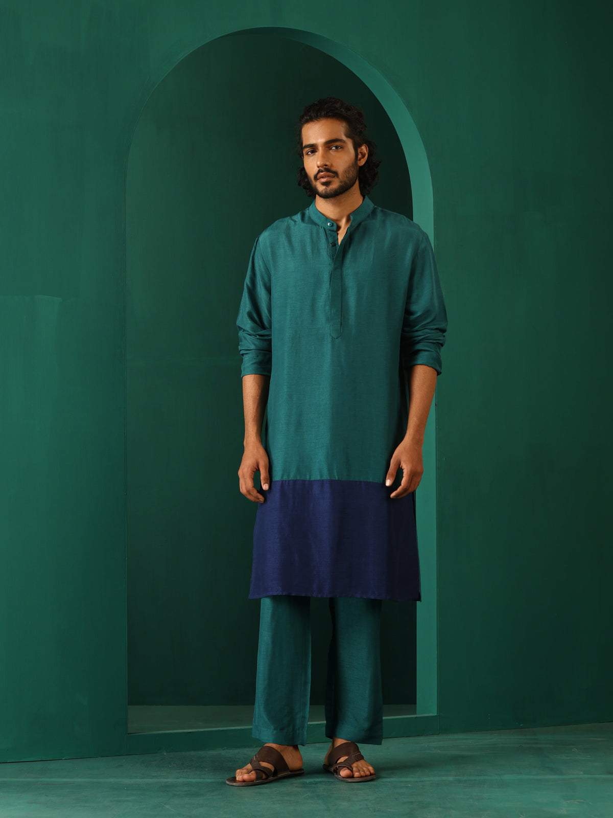 trueBrowns Men's Blue Color Block Silk Long Kurta | Grocsy