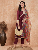 InWeave Women's Dark Burgundy Alia Neck Style Gota Set W Organza Dupatta | Grocsy