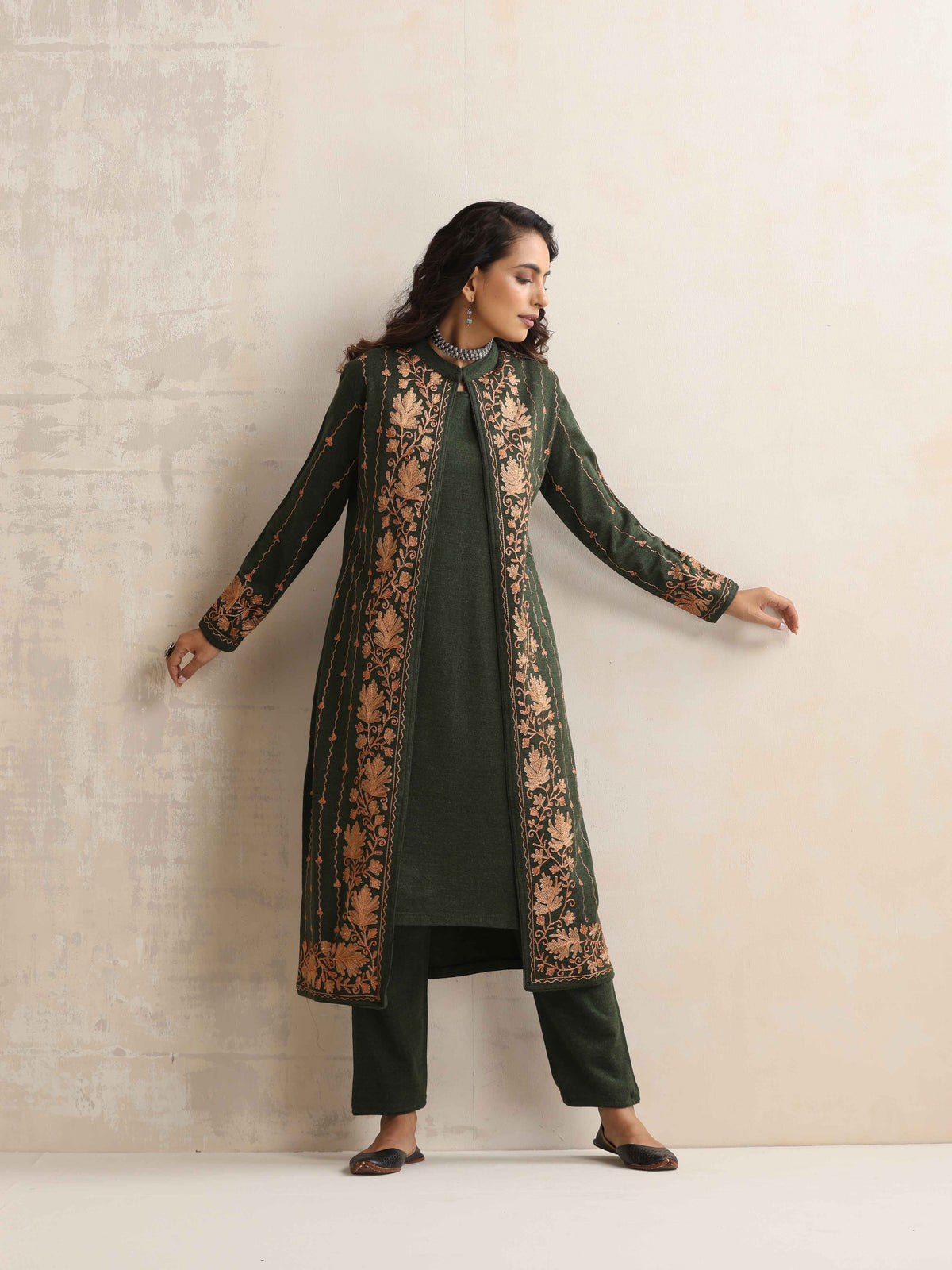 trueBrowns Green Kashmiri Woollen Jacket 3pc Set | Grocsy