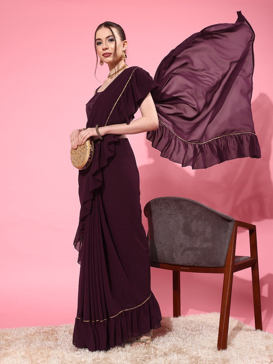 Ahalyaa Ruffled Poly Georgette Saree | Grocsy
