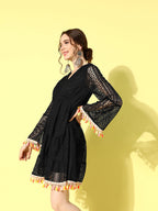 InWeave Women's Black Lacy Dress With Tassles | Grocsy