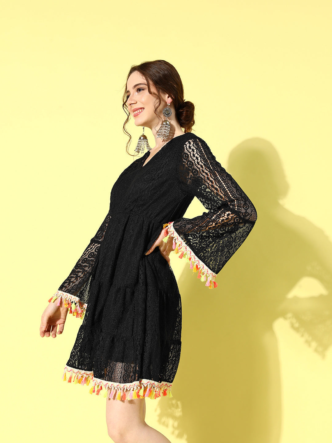 InWeave Women's Black Lacy Dress With Tassles | Grocsy