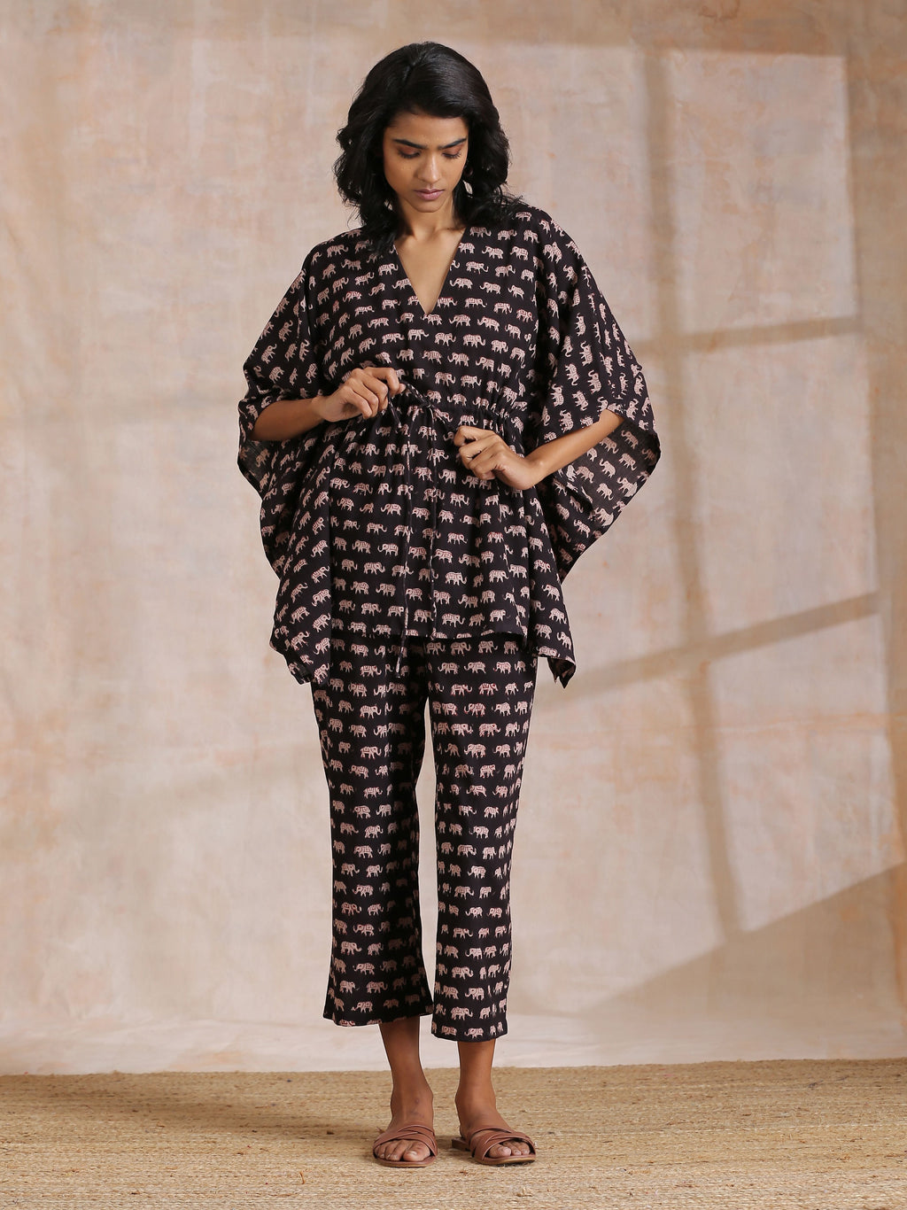 trueBrowns Black Elephant Bagru Print Cotton Kaftan Co-Ord Set | Grocsy