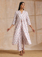 trueBrowns White With Pink Blue Buta Block Print Cotton Kurta Pant Set | Grocsy
