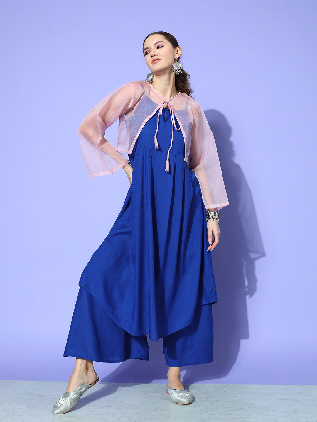 InWeave Women's Ink Blue Strappy Set With Pink Chintz Print Short Organza Cape | Grocsy