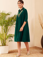 InWeave Women's Teal Velvet Collared Neck Flared Midi Dress | Grocsy