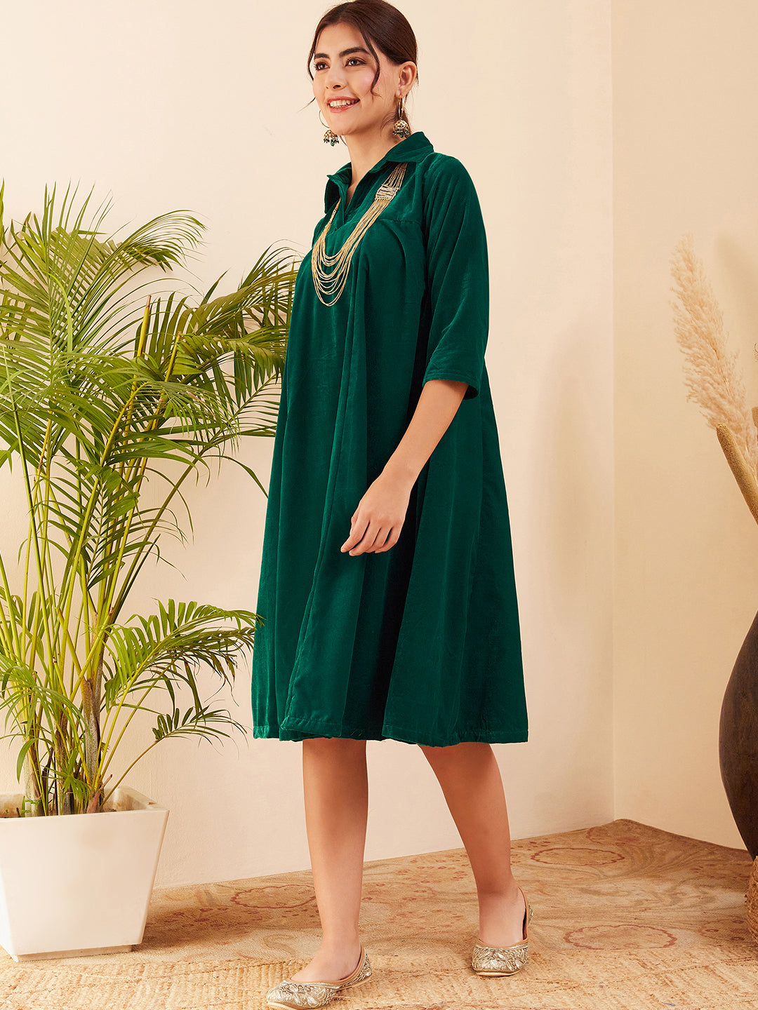 InWeave Women's Teal Velvet Collared Neck Flared Midi Dress | Grocsy