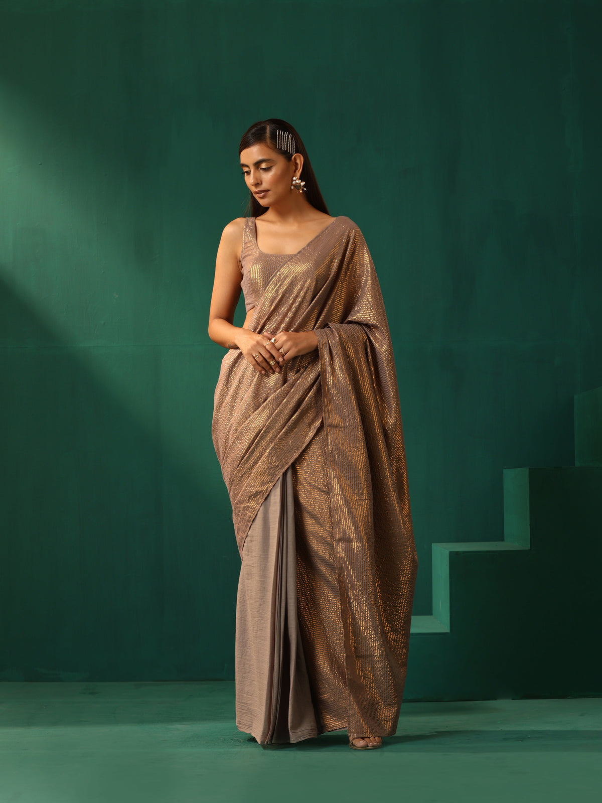 trueBrowns Grey Cotton Gold Lurex Striped Ready to Wear Saree | Grocsy
