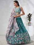 House of Panchhi Turquoise Blue Georgette Sequins And Thread Embroidery Lehenga Choli & Dupatta | Grocsy