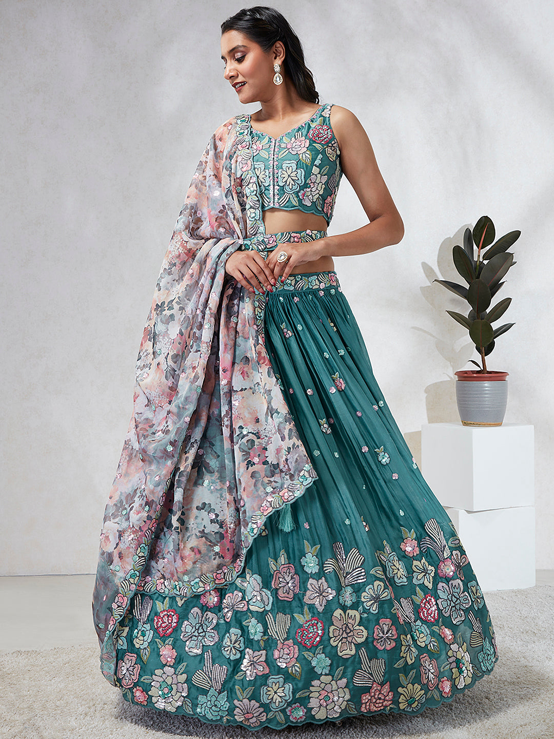 House of Panchhi Turquoise Blue Georgette Sequins And Thread Embroidery Lehenga Choli & Dupatta | Grocsy