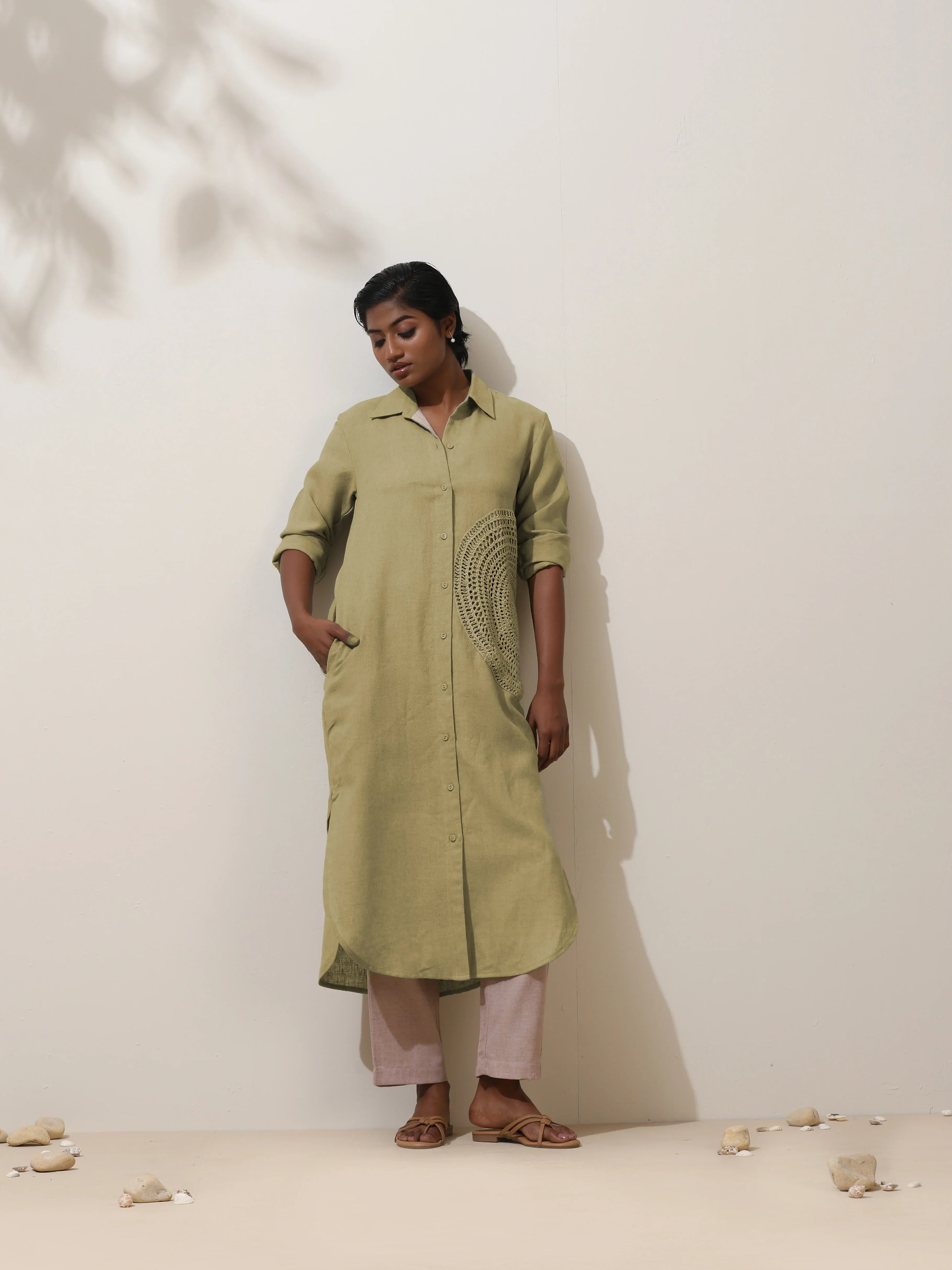 trueBrowns Fern Green Crochet Natural Cotton Kurta Pant Set | Grocsy