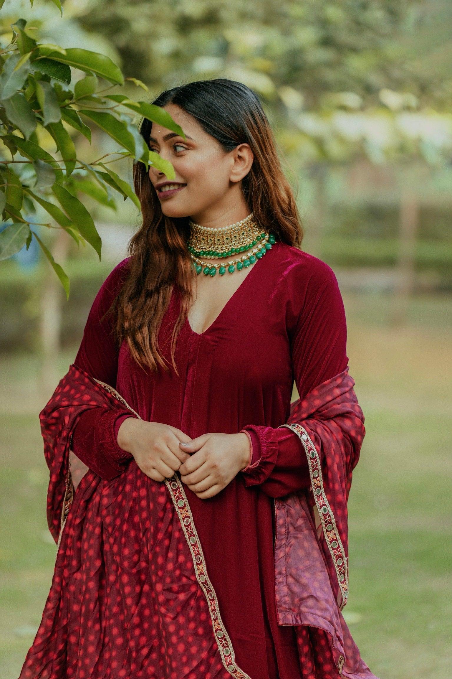 trueBrowns Pink Velvet Pleated Kurta | Grocsy