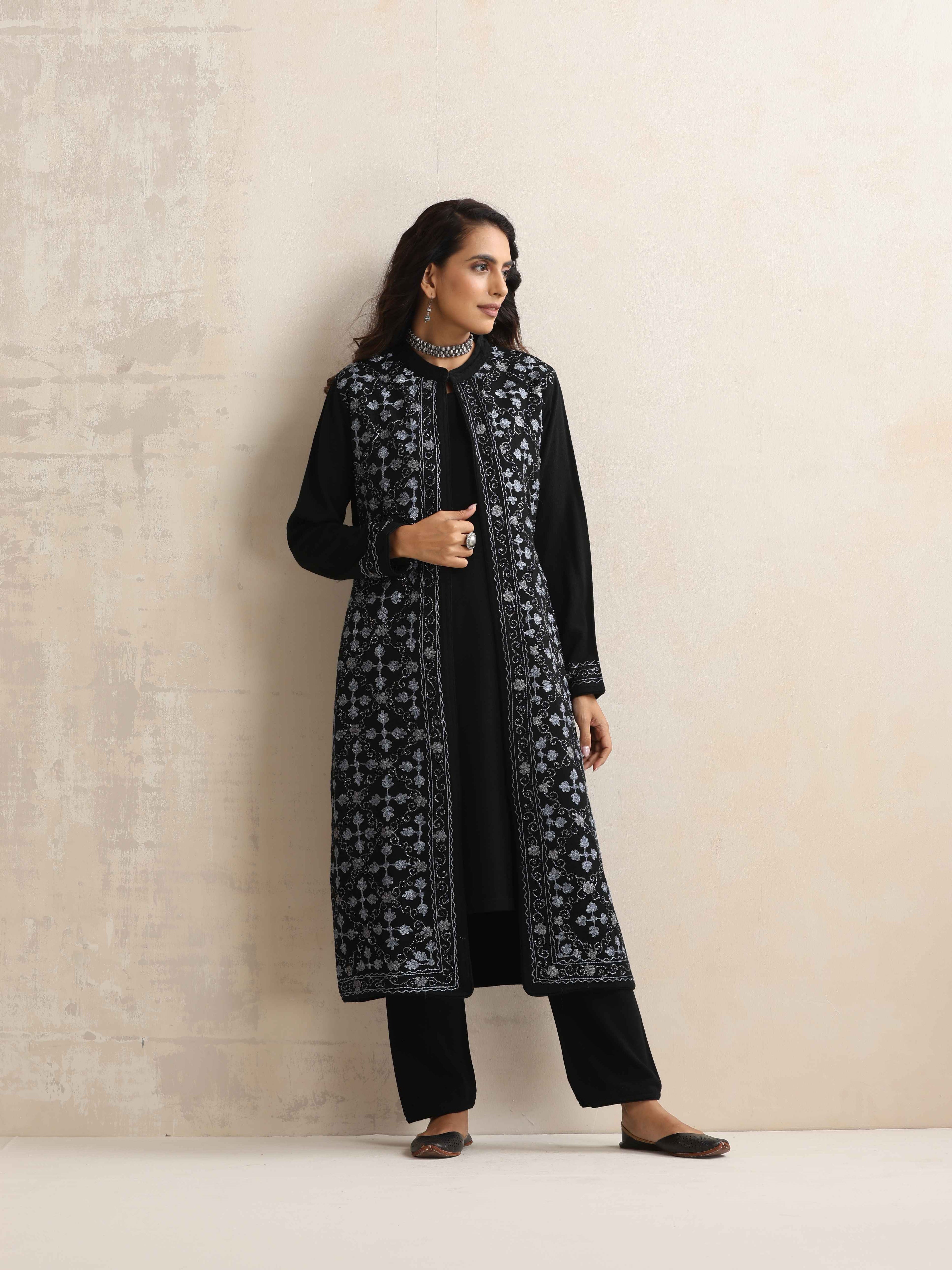 trueBrowns Black Kashmiri Woollen Jacket 3pc Set | Grocsy