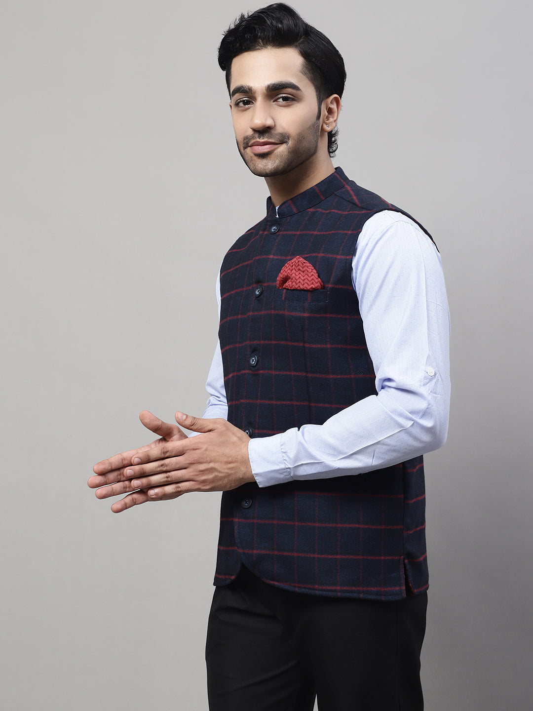 Even Apparels Men's Blue Nehru Jacket With Welt Pockets | Grocsy