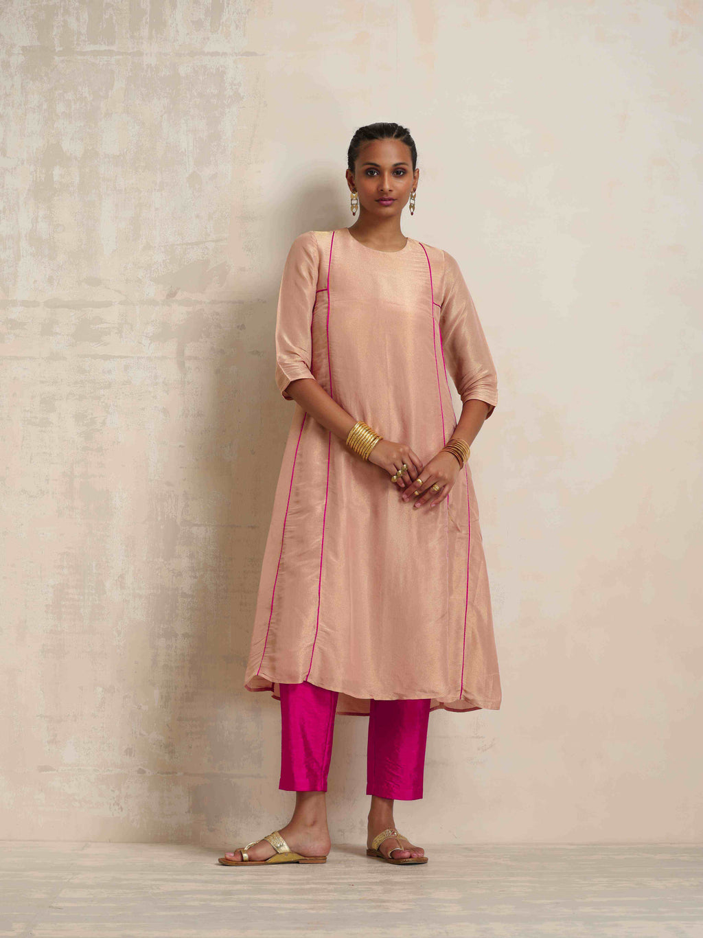 trueBrowns Blush Pink Tissue A-line Kurta Set | Grocsy