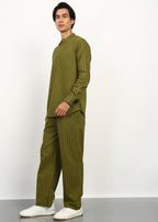 Fabmade Olive Stripe Linen Kurta Set | Grocsy