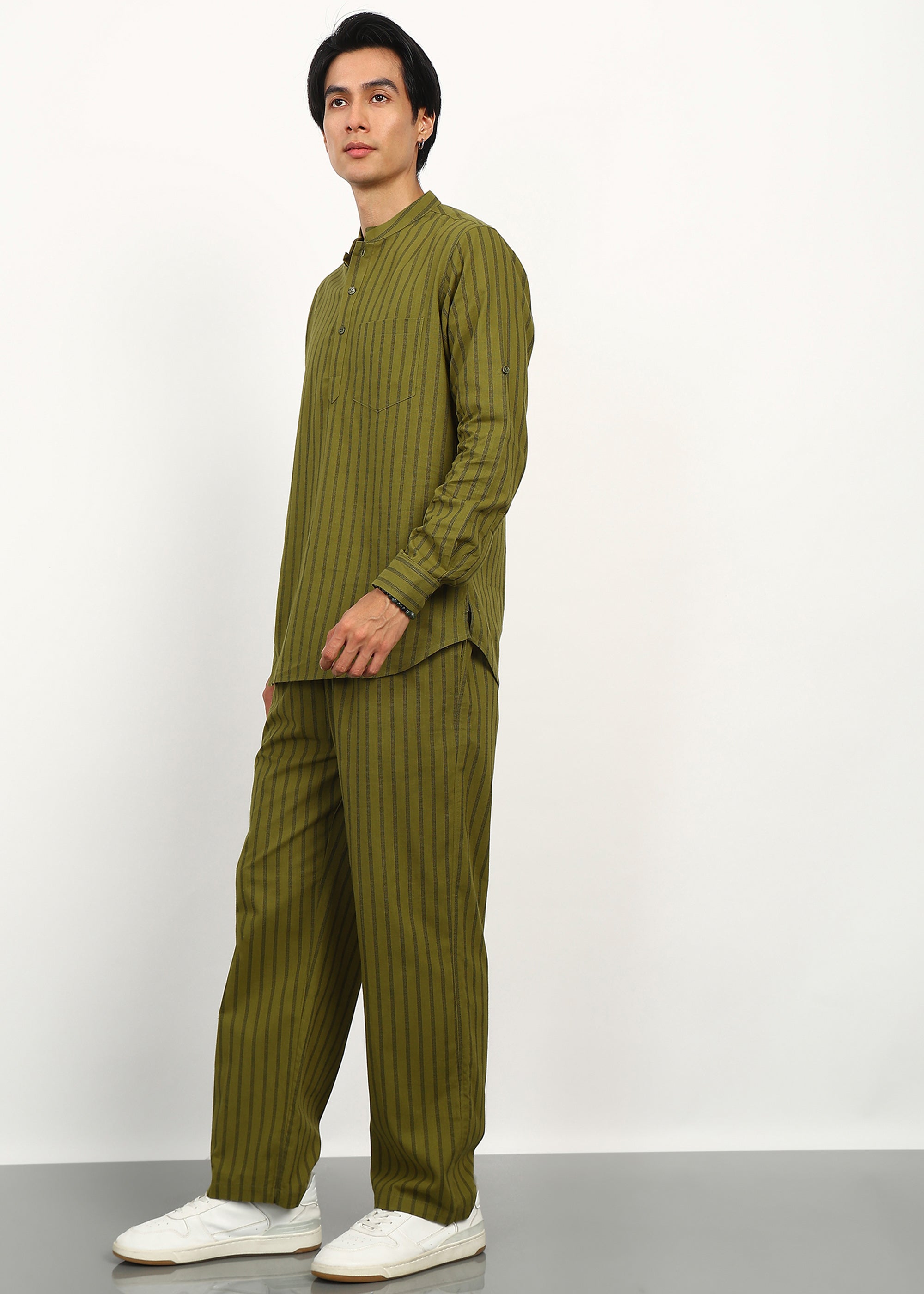 Fabmade Olive Stripe Linen Kurta Set | Grocsy