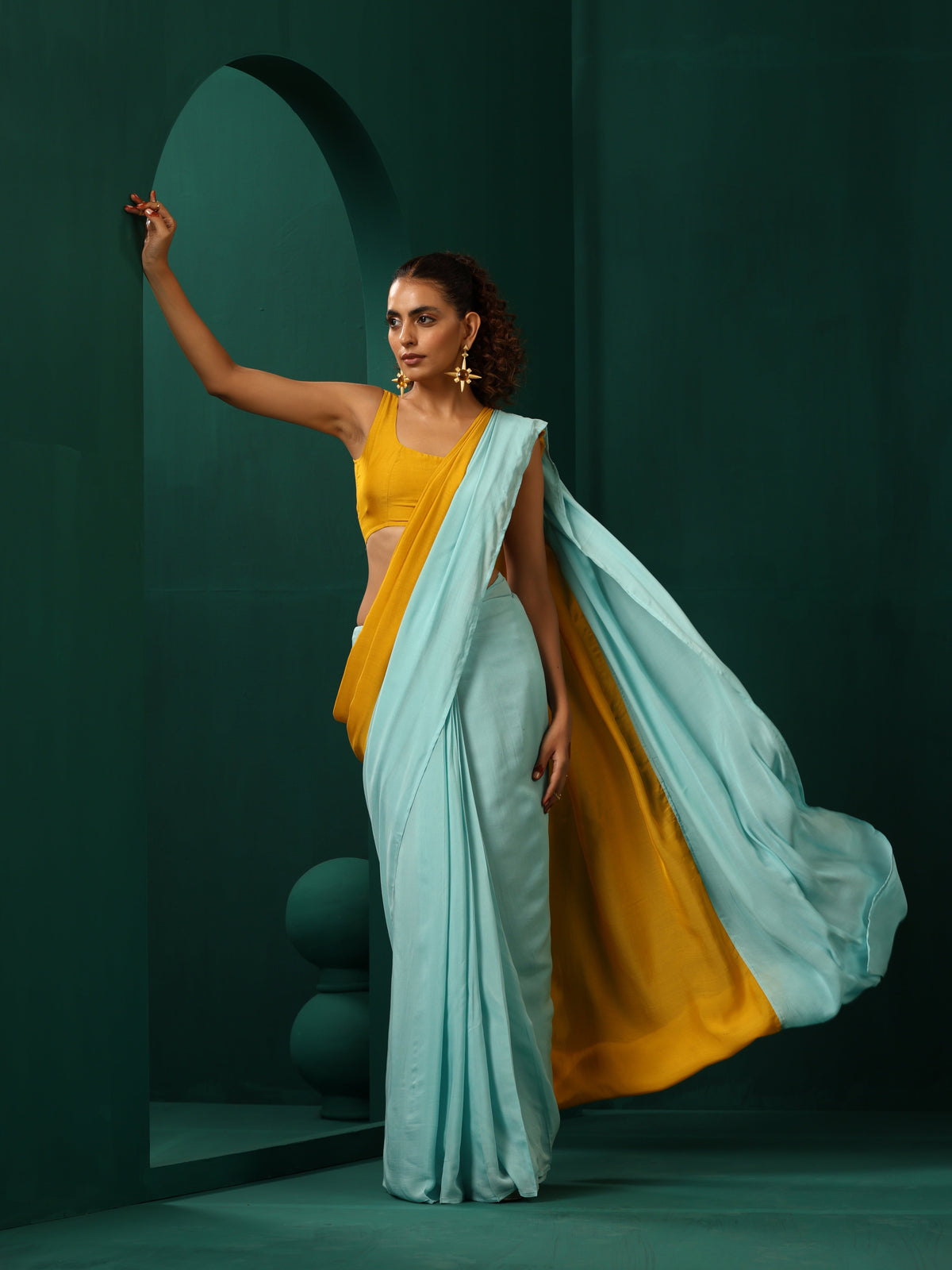 trueBrowns Blue Mustard Muslin Silk Ready to Wear Saree | Grocsy