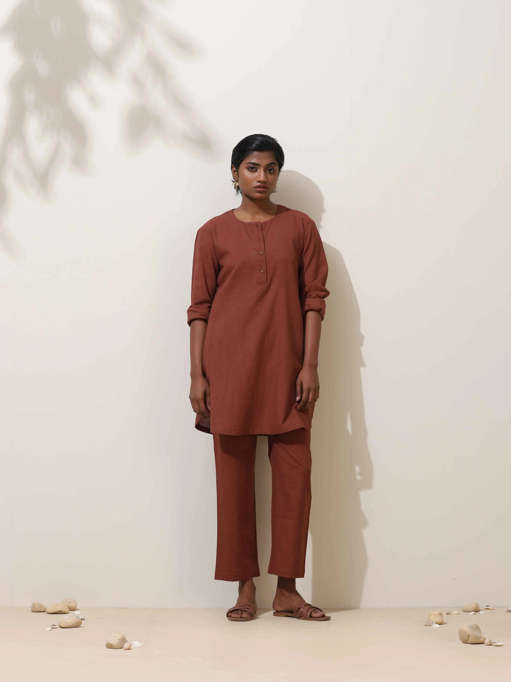 trueBrowns Brown Cotton Linen Kurta Co-Ord Set | Grocsy