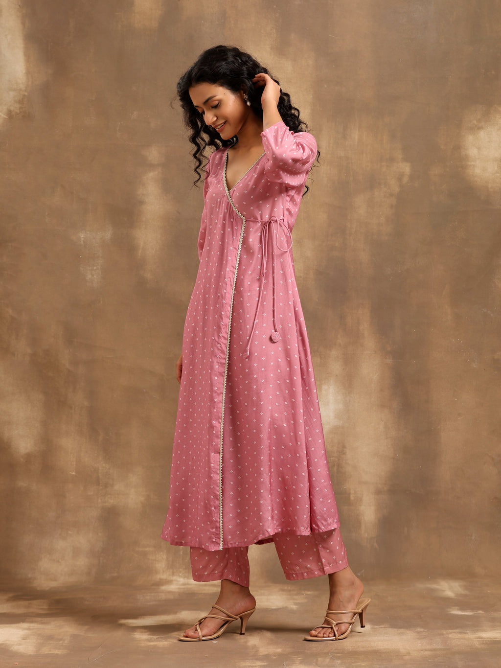 trueBrowns Light Mauve Bandhani Printed Silk Angrakha Kurta Pant Set | Grocsy