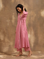 trueBrowns Light Mauve Bandhani Printed Silk Angrakha Kurta Pant Set | Grocsy