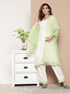 InWeave Women's Cream Straight Kurta Set W Green White Print Organza Dupatta | Grocsy