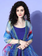 InWeave Women's Strappy Set In Ink Blue With Blue  Fuschia Floral Organza Dupatta | Grocsy