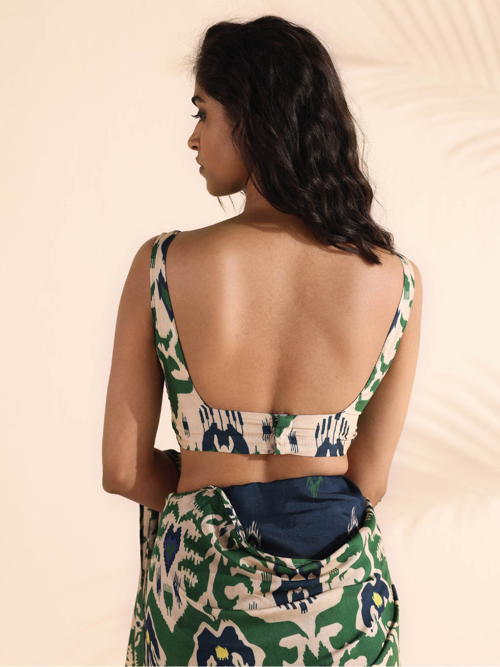 trueBrowns Green Muslin Ikat Sleeveless Blouse | Grocsy
