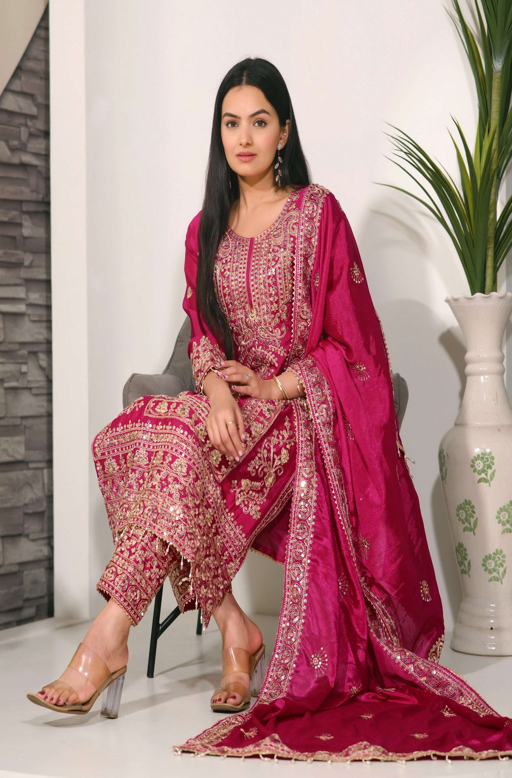 Teeya Creation Rani Color Chinon Silk Heavy Embroidery Work Fully Stitched Salwar Suit | Grocsy