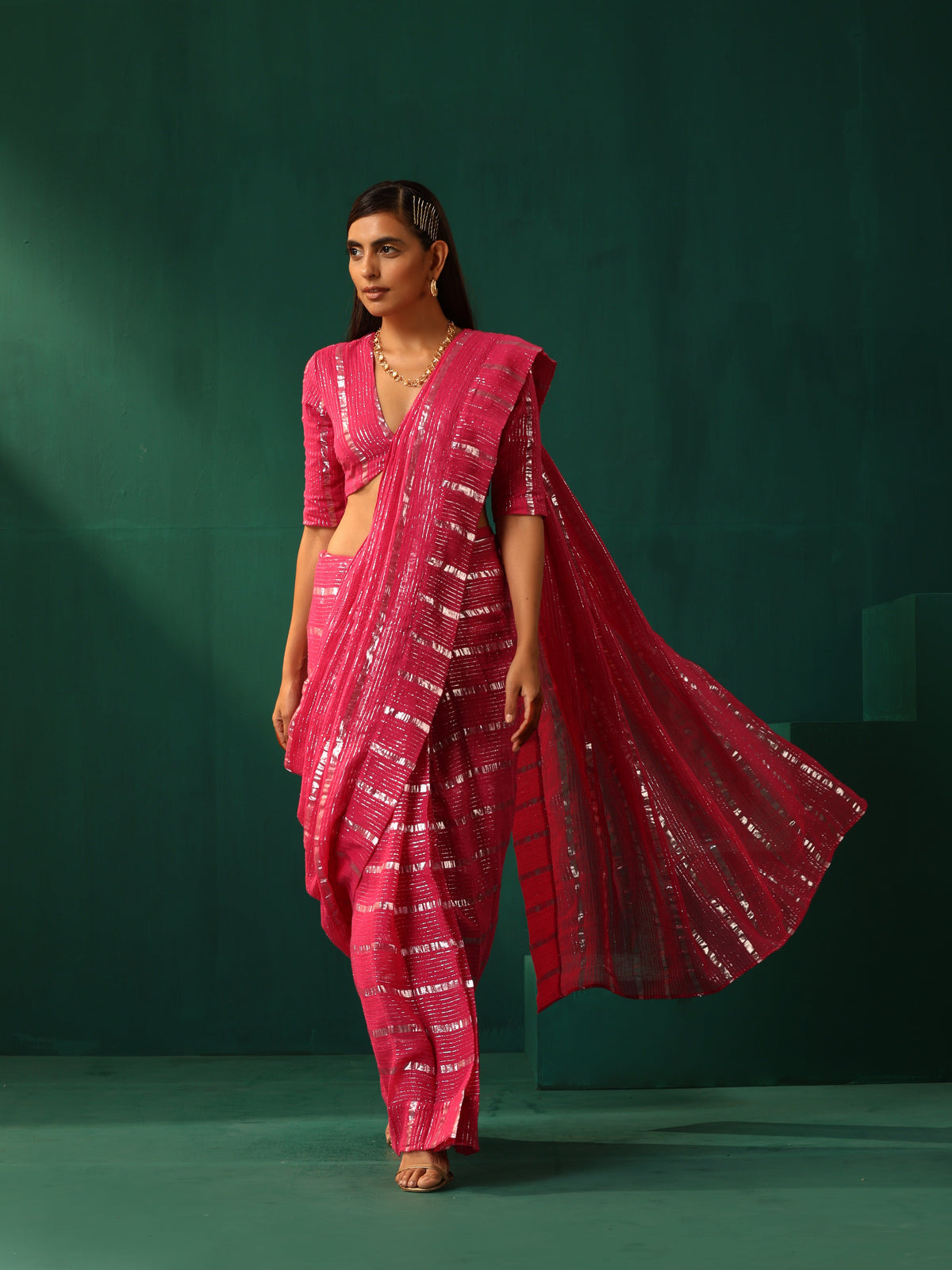 trueBrowns Rani Pink Cotton Silver Lurex Striped Ready to Wear Saree | Grocsy